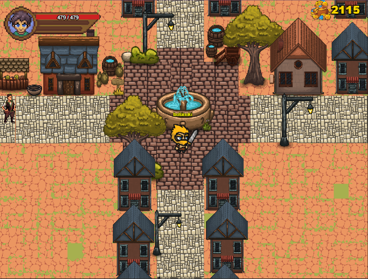 Albion MC town center with fountain and player character